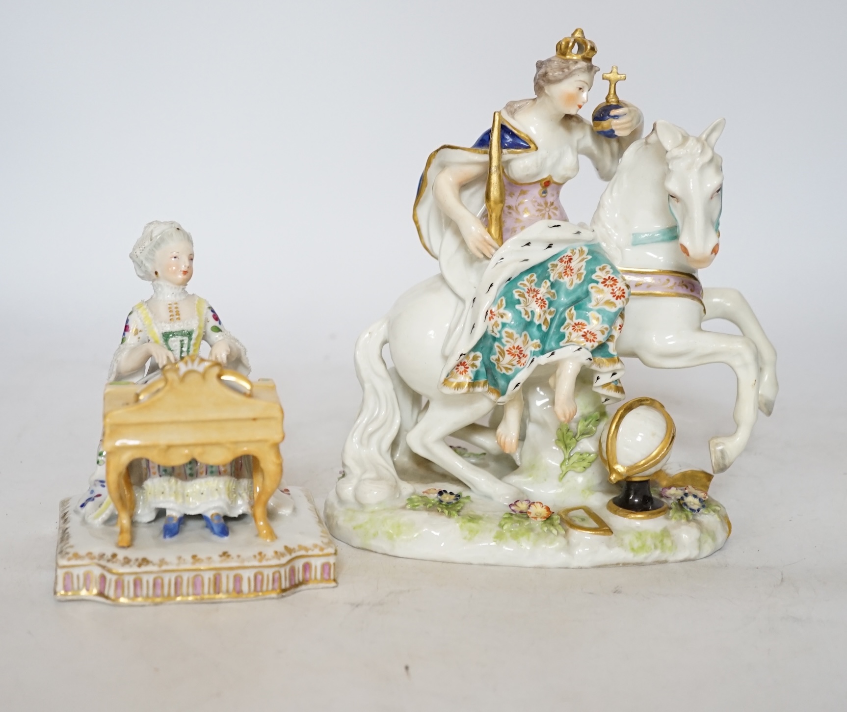 A 19th century Samson ‘Allegory or Continent of Europe’ figure group and a Vienna style pianist, tallest 19cm